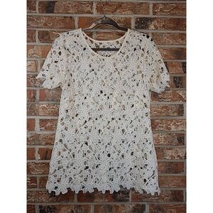 Womens Lace Crochet Ivory Large Cut Out Flower boho Blouse Women's Size M